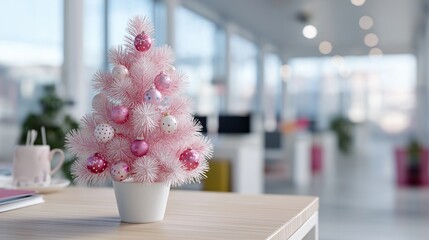 Pink christmas tree decorated with ornaments in modern office interior