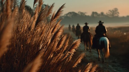 Serene Horseback Journey Through Countryside at Dusk