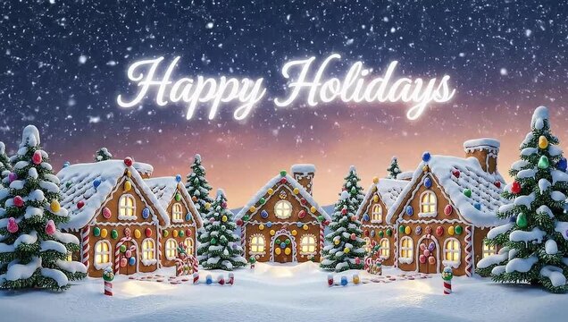 Animation of Happy Holidays written in shiny letter on snowy city
