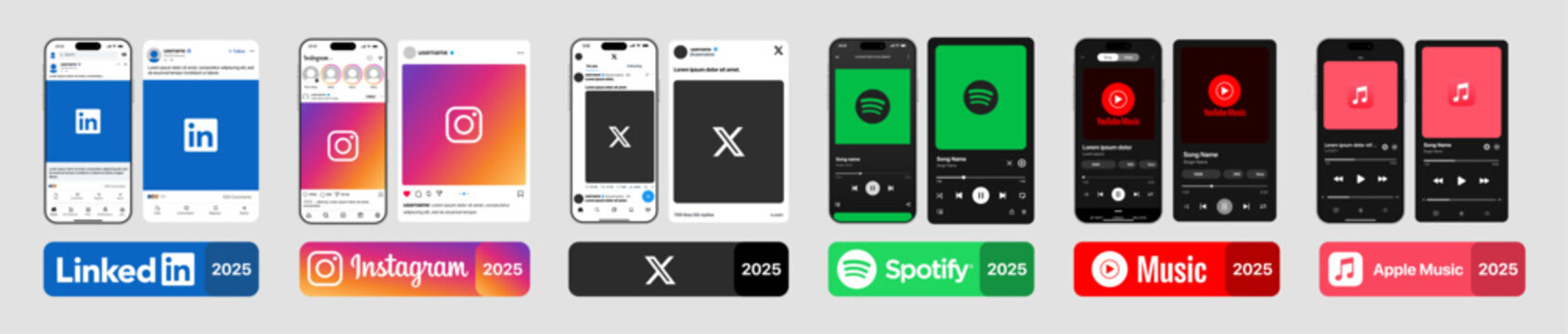 Instagram LinkedIn X Twitter Spotify Apple Music YouTube Music carousel template showing social posts and music player elements in a modern mobile interface vector illustration