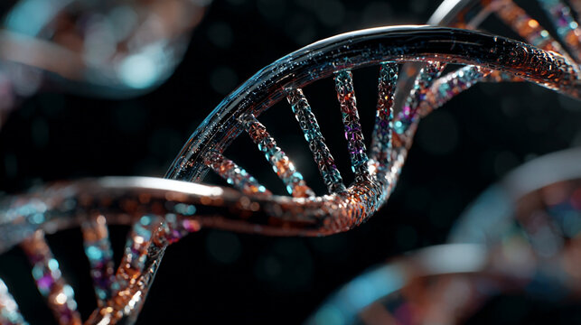 Digital double helix spinning in space with glowing strands and dynamic motion representing genetics, biotechnology, futuristic science, molecular structure, and advanced digital visualization