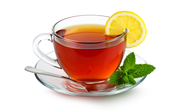 Hot tea with lemon and mint on transparent background