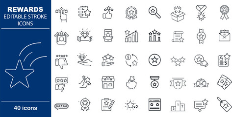 Rewards and Loyalty Program Vector Icons. Set of 40 line art symbols for customer retention, gamification, and incentives. Includes badges, trophies, and gift rewards