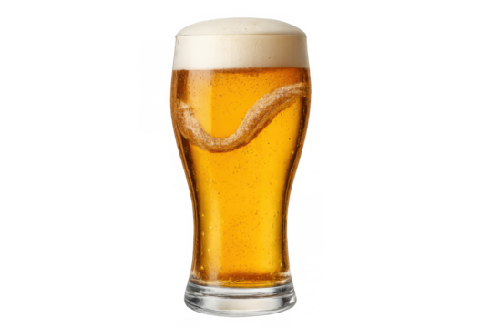 Glass of golden beer splashing liquid with white foam, refreshing beverage for drinking and celebration, transparent background