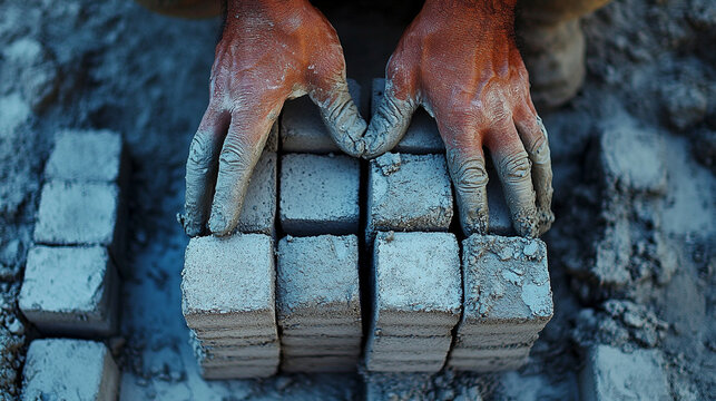 Worker’s hands building a wall from aerated concrete blocks, showing construction in progress, manual labor, and precision in assembling prefabricated masonry materials.