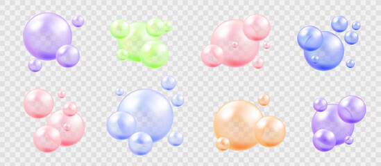 Pink collagen serum or soap bubbles, 3D realistic vector set. 