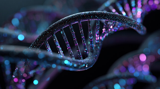 Digital double helix spinning in space with glowing strands and dynamic motion representing genetics, biotechnology, futuristic science, molecular structure, and advanced digital visualization - Powered by Adobe