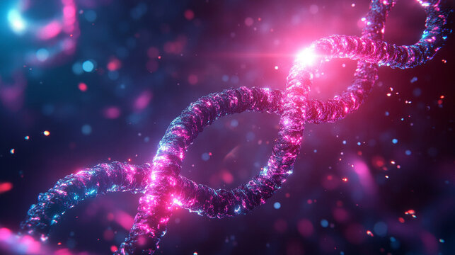 Digital double helix spinning in space with glowing strands and dynamic motion representing genetics, biotechnology, futuristic science, molecular structure, and advanced digital visualization