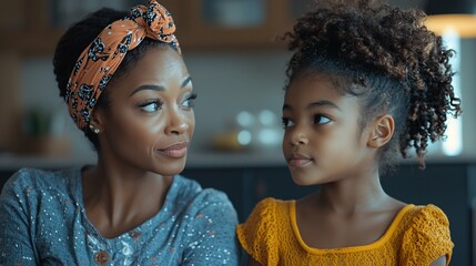 A woman and young girl share a tender moment, their gazes locked in quiet conversation