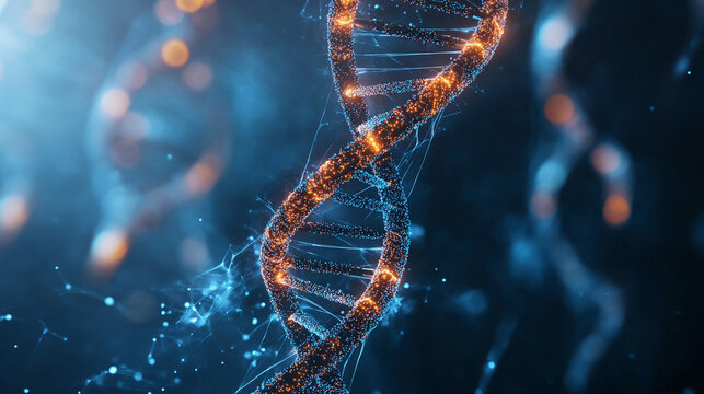 Digital double helix spinning in space with glowing strands and dynamic motion representing genetics, biotechnology, futuristic science, molecular structure, and advanced digital visualization