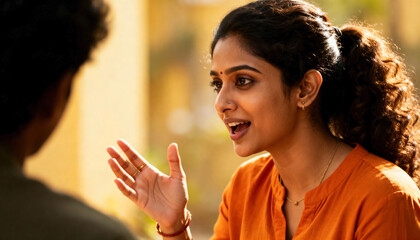 An expressive young Indian woman in an animated conversation with a male colleague. Professional work colleagues having a discussion outdoors. Close-up with natural backlighting