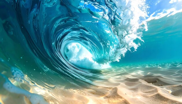 Ocean wave breaking underwater creating tube tunnel
