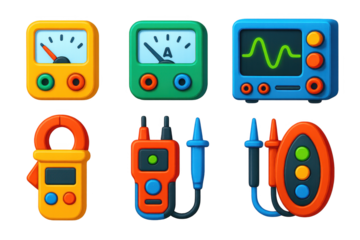 Set of six colorful electronic devices, including a multimeter, a voltmeter