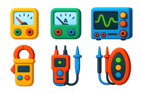 Set of six colorful electronic devices, including a multimeter, a voltmeter