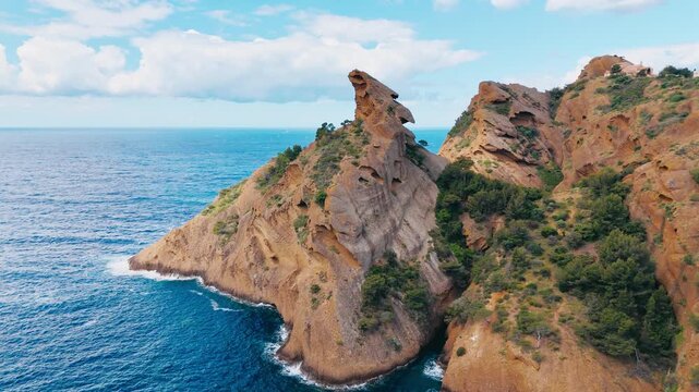 Rock formation at Figuerolles calanque in La Ciotat aerial drone shot, French coast of the Mediterranean Sea