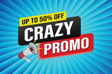 crazy promo sale word mega phone concept vector illustration and 3d style, landing page, template, ui, web, mobile app, poster, banner, flyer, background, gift card, coupon, label, wallpaper

