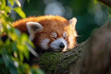 Sleeping red panda on a tree branch