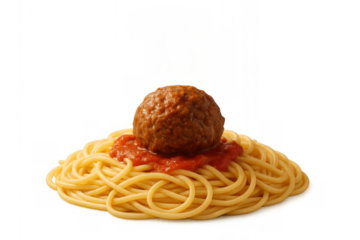 Spaghetti with meatball and tomato sauce on a transparent background, classic italian pasta dish