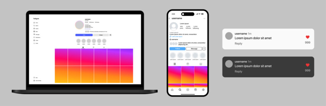 Instagram post and reels layout with bio follow like comment share save and comment panel shown on iPhone 17 and desktop laptop in a modern vector illustration