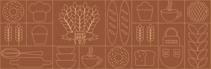 Bread and pastries background. Abstract bakery menu background with line drawing. Geometric pattern bread, croissant, donut. Bakery line pattern.