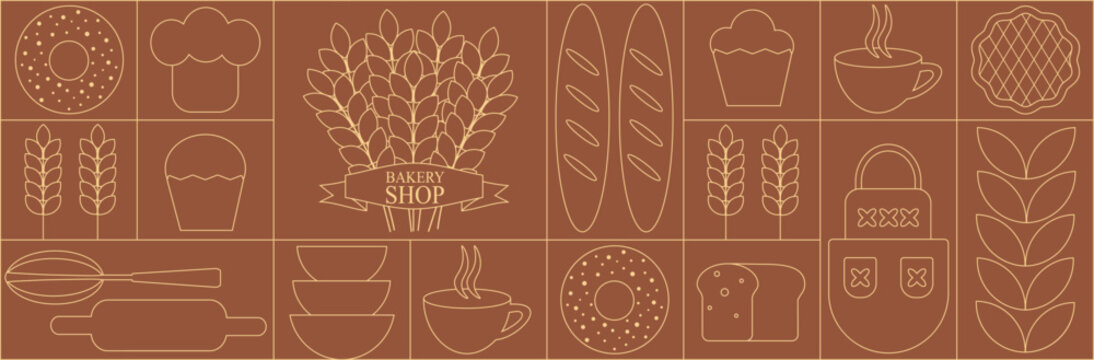Bread and pastries background. Abstract bakery menu background with line drawing. Geometric pattern bread, croissant, donut. Bakery line pattern.