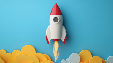 An abstract rocket soaring upward, symbolizing business growth, progress, and success, with dynamic lines and vibrant colors conveying ambition and forward momentum.