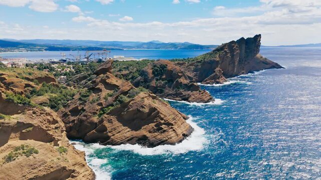 La Ciotat calanque de Figuerolles, rocky cliff Mediterranean sea shore, aerial drone shot. Cote d Azur region South French coast