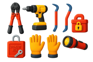 Emergency Locksmith Icons. 3D icon set of emergency locksmith gear: bolt cutters, drills, crowbars, lockout kits, gloves,