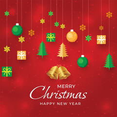 Gold Christmas and New Year Typographical on red Xmas background with winter landscape with snowflakes, light, stars. Merry Christmas card. Vector Illustration