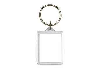 White plastic rectangular keychain mockup with a metal ring, blank key fob showing branding and promotion concept