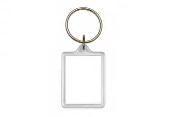 White plastic rectangular keychain mockup with a metal ring, blank key fob showing branding and promotion concept