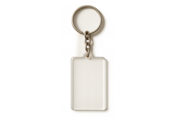 Blank transparent rectangular acrylic keychain template with metallic key ring against a clear background