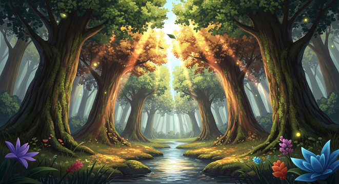 sunlight in the forest with green trees