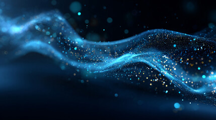 Abstract smooth particle waves in soft blue light, forming flowing digital patterns symbolizing big data, network structures, science, and advanced neural technology.