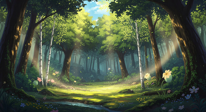sunlight in the forest with green trees - Powered by Adobe