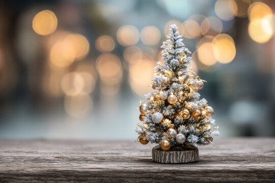 Frosted Mini Christmas Tree with Fairy Lights on Wood