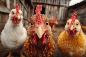 Naklejka premium Funny Chickens Closeup Portrait with Curious Expressions
