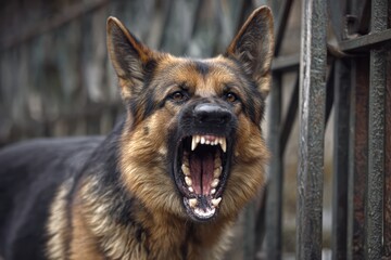 Fierce German Shepherd Dog Barking While Guarding Gate