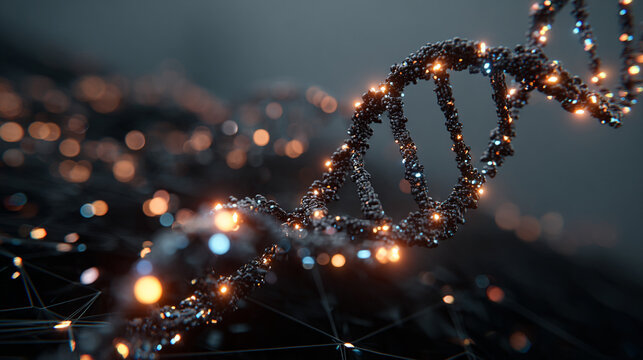 DNA helix floating above a digital tech grid with glowing strands representing genetics, biotechnology, futuristic science, molecular structure, and advanced digital visualization in high-tech style