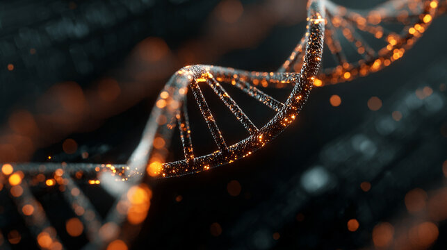 DNA helix floating above a digital tech grid with glowing strands representing genetics, biotechnology, futuristic science, molecular structure, and advanced digital visualization in high-tech style - Powered by Adobe