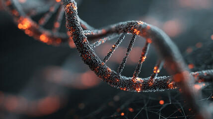 DNA helix floating above a digital tech grid with glowing strands representing genetics, biotechnology, futuristic science, molecular structure, and advanced digital visualization in high-tech style