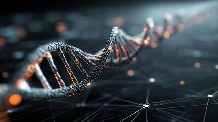 DNA helix floating above a digital tech grid with glowing strands representing genetics, biotechnology, futuristic science, molecular structure, and advanced digital visualization in high-tech style