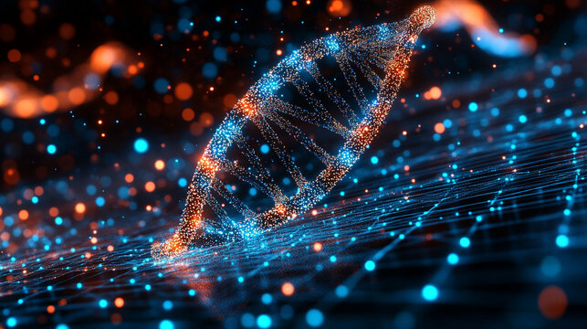 DNA helix floating above a digital tech grid with glowing strands representing genetics, biotechnology, futuristic science, molecular structure, and advanced digital visualization in high-tech style