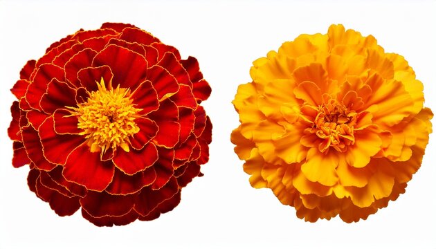 Close Up Red And Yellow Marigold Or Tagetes Patula Flower Isolated On White Background With Clipping Path Floral Design Element For Cards Invitations Posters Top View Flat Lay