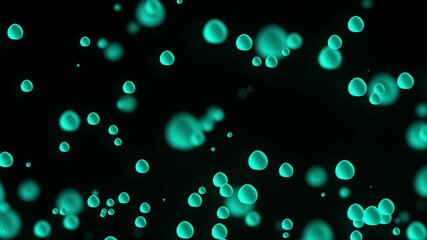 Glossy teal coloured spheres floating against a black background with gentle wobble, creating a serene ambiance