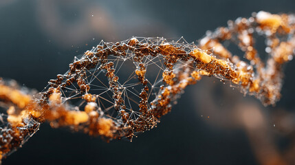 DNA helix floating above a digital tech grid with glowing strands representing genetics, biotechnology, futuristic science, molecular structure, and advanced digital visualization in high-tech style