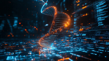 DNA helix floating above a digital tech grid with glowing strands representing genetics, biotechnology, futuristic science, molecular structure, and advanced digital visualization in high-tech style