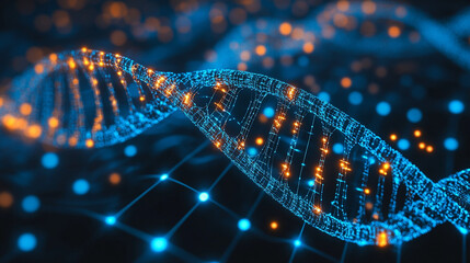 DNA helix floating above a digital tech grid with glowing strands representing genetics, biotechnology, futuristic science, molecular structure, and advanced digital visualization in high-tech style