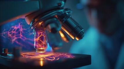 scientific microscope with glowing, digital, neural network or DNA-like patterns overlaid on sample stage and objective, symbolizing research in biology, virology, medicine, and biotechnology
