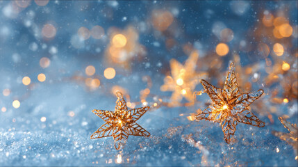 two golden glitter star ornaments resting on snowy, icy blue surface, falling snowflakes on background blurred gold and orange bokeh lights, perfect for winter holiday and new year banner designs.